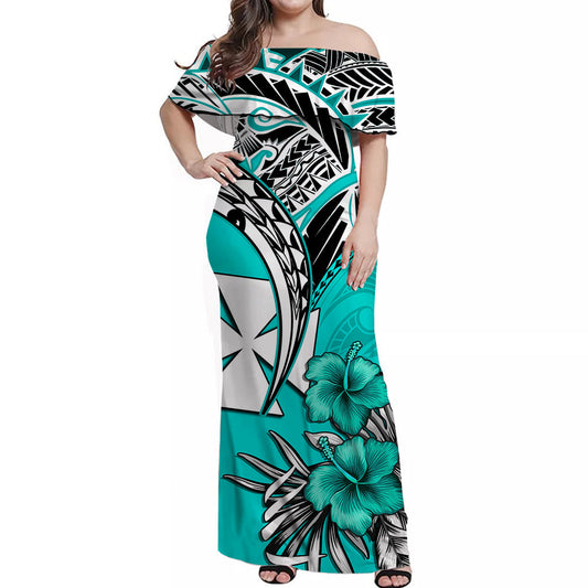 Wallis et Futuna Off Shoulder Long Dress Polynesian Pattern and Hibiscus Flowers Version Green