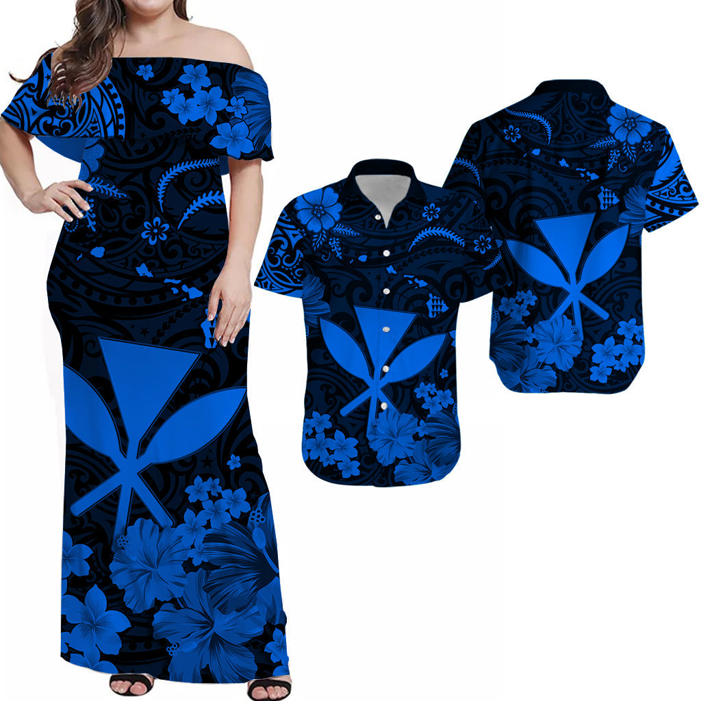Hawaii Matching Clothes For Couples Hawaii Combo Dress and Hawaiian Shirt Polynesia Blue Kanaka Maoli