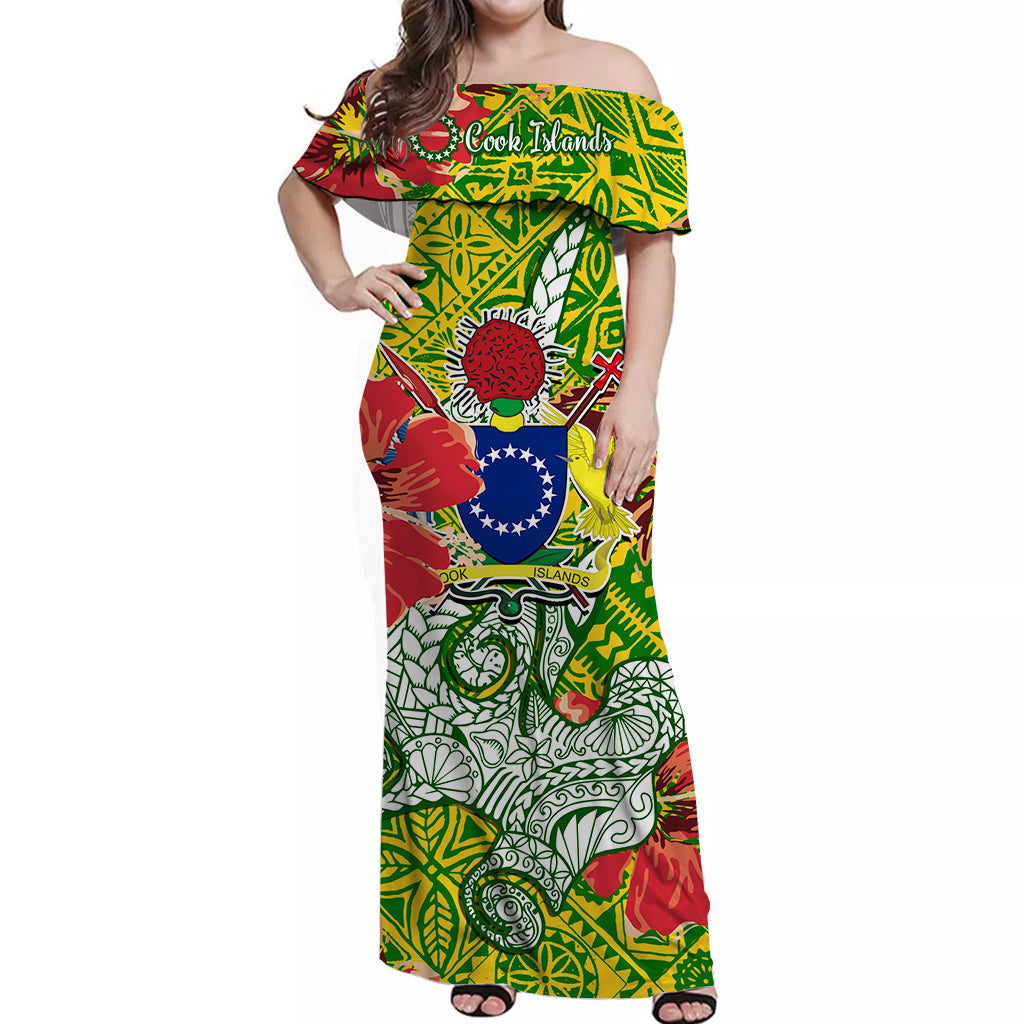 Cook Islands Off Shoulder Long Dress Hammerhead Shark Yellow