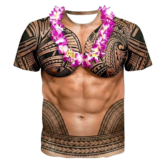 Funny Abs Polynesian Tattoo Shirt Flowers Necklace Printed T Shirt