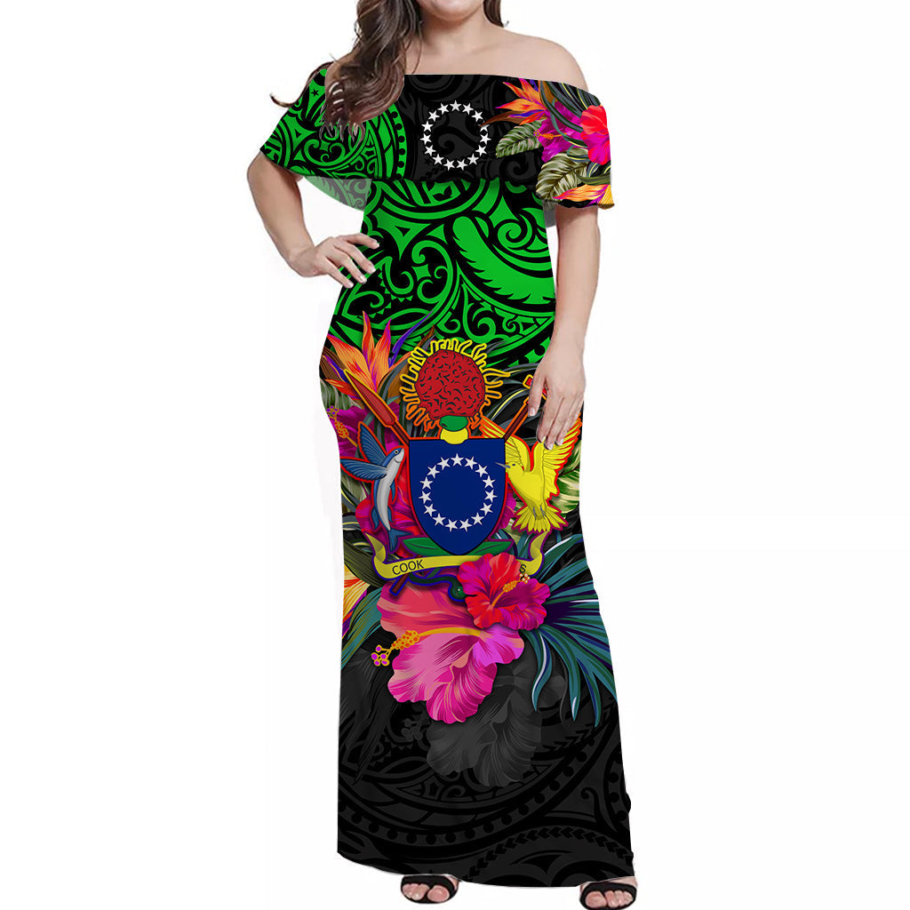 Cook Islands Off Shoulder Long Dress Alluring Polynesia and Tropical Flowers