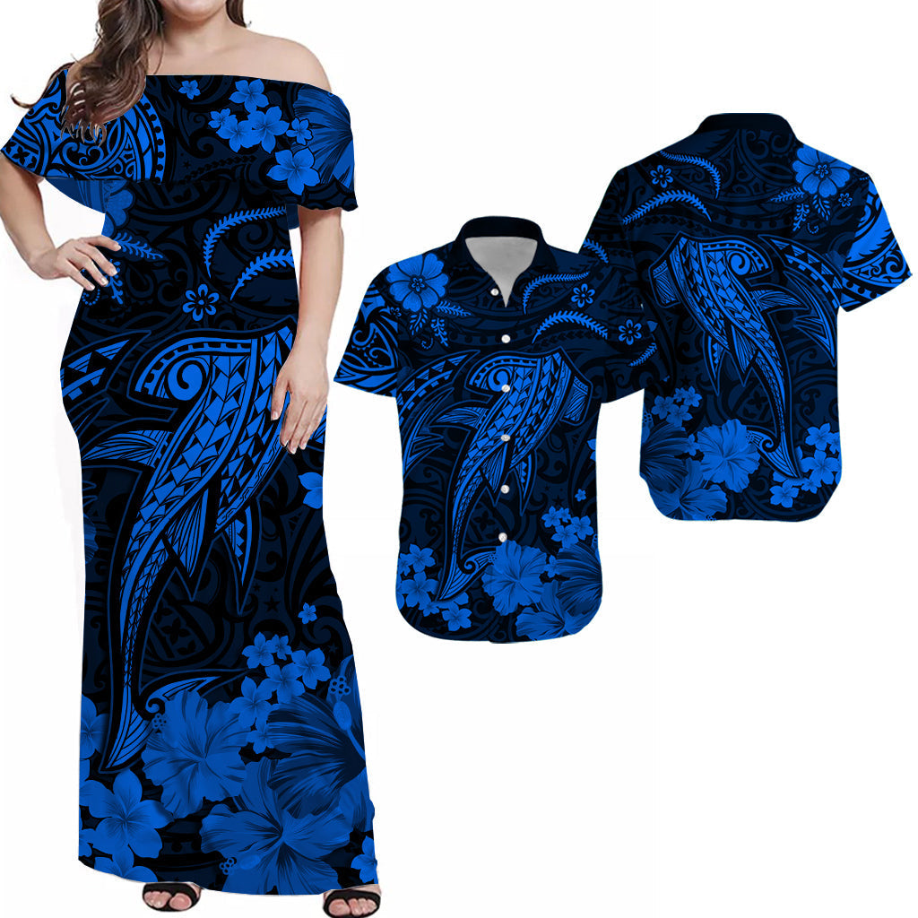 Hawaiian Matching Outfits For Couples Hawaii Combo Dress and Hawaiian Shirt Polynesia Blue Shark