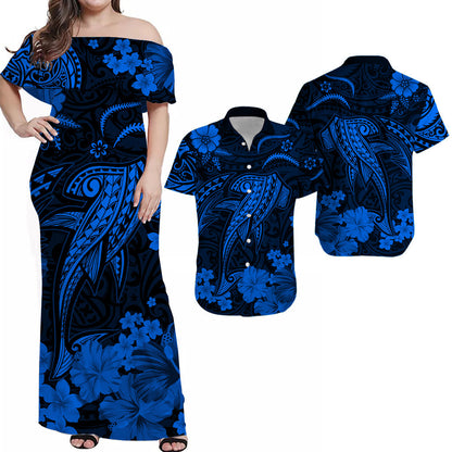 Hawaiian Matching Outfits For Couples Hawaii Combo Dress and Hawaiian Shirt Polynesia Blue Shark