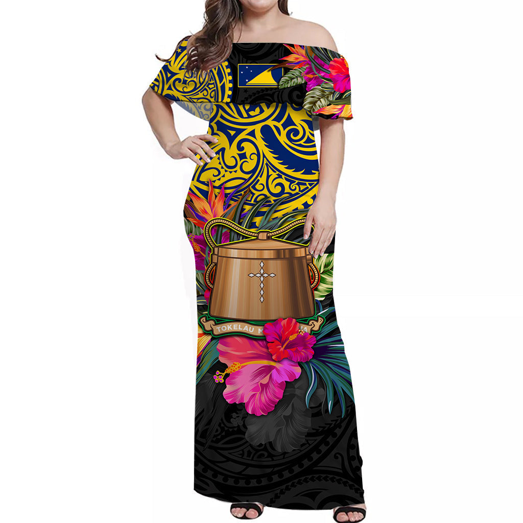 Tokelau Off Shoulder Long Dress Alluring Polynesia and Tropical Flowers