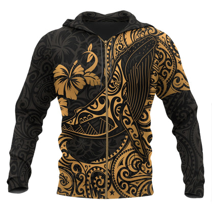 Polynesian Hawaii Zip up Hoodie Polynesian Golden Humpback Whale