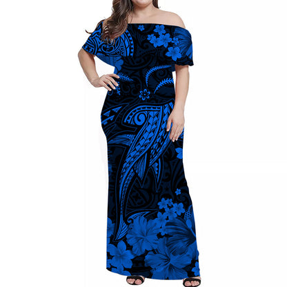 Hawaii Off Shoulder Long Dress Polynesia Blue Shark
