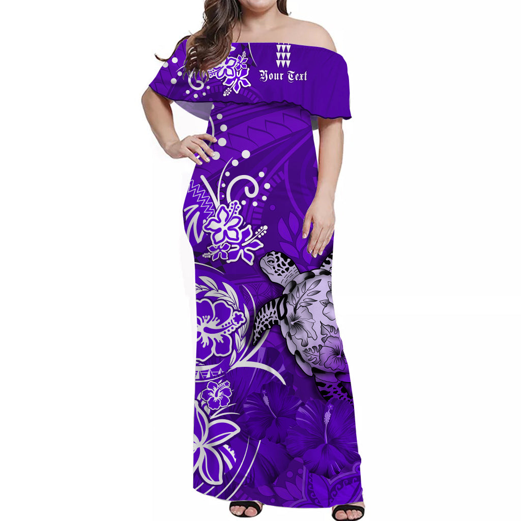 Custom Personalised Hawaii Off Shoulder Long Dress Polynesia Purple Sea Turtle Honu and Hibiscus