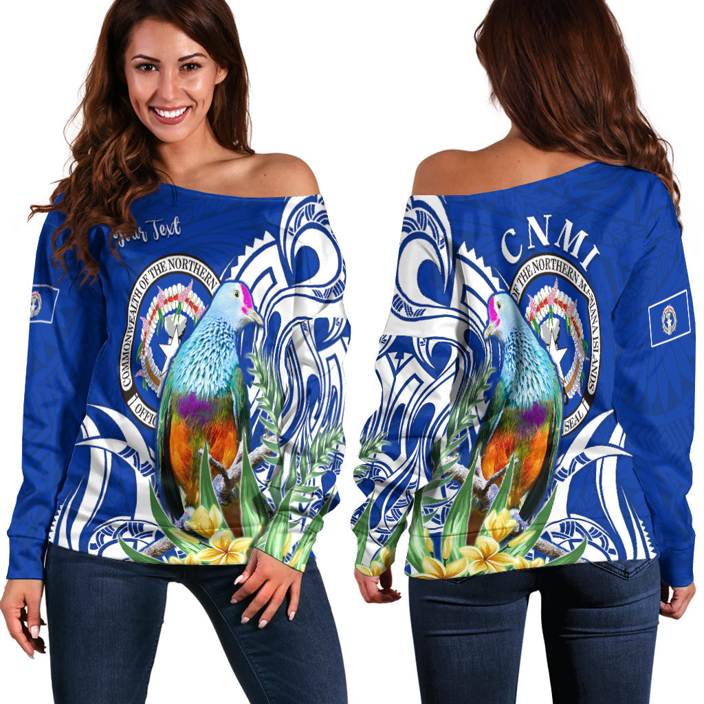 (Custom Personalised) Northern Mariana Islands Off Shoulder Sweater Mariana Fruit Dove Mix Frangipani Flowers Blue