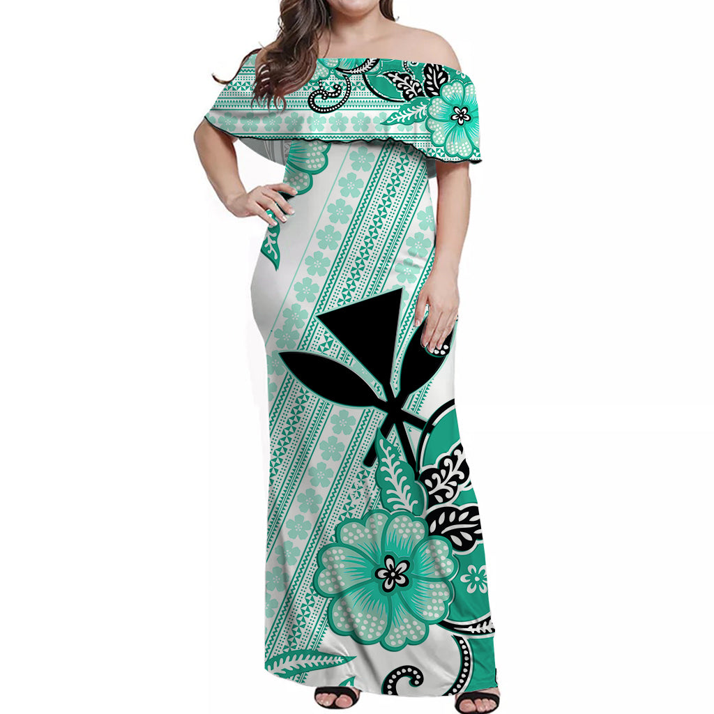 Hawaiian Matching Outfits For Couples Hawaii Combo Dress and Hawaiian Shirt Kakau Tribal Turquoise Batik Floral Ver.02