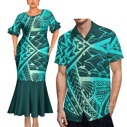 Polynesian Tribal Pattern Blue Tropical Couples Matching Outfit Fishtail Skirt Dress And Shirt For Her Him