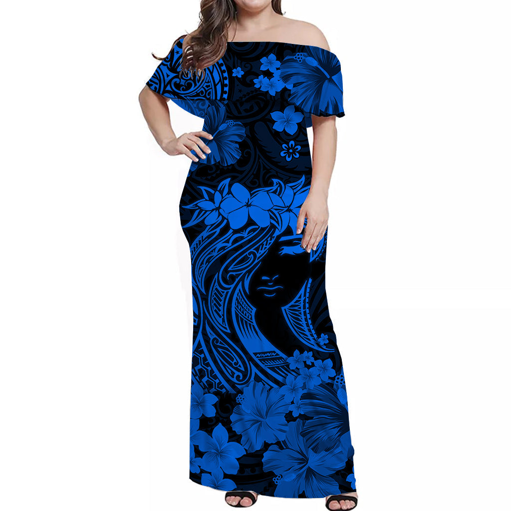 Hawaii Off Shoulder Long Dress Polynesia Blue Attractive Hula Girl