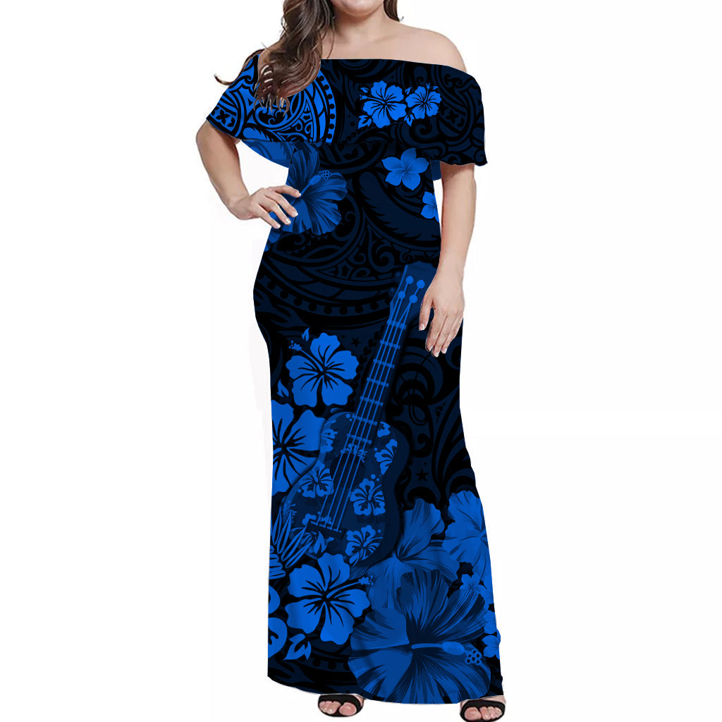 Hawaii Couple Outfits Hawaii Combo Dress and Hawaiian Shirt Polynesia Blue Ukulele Flowers