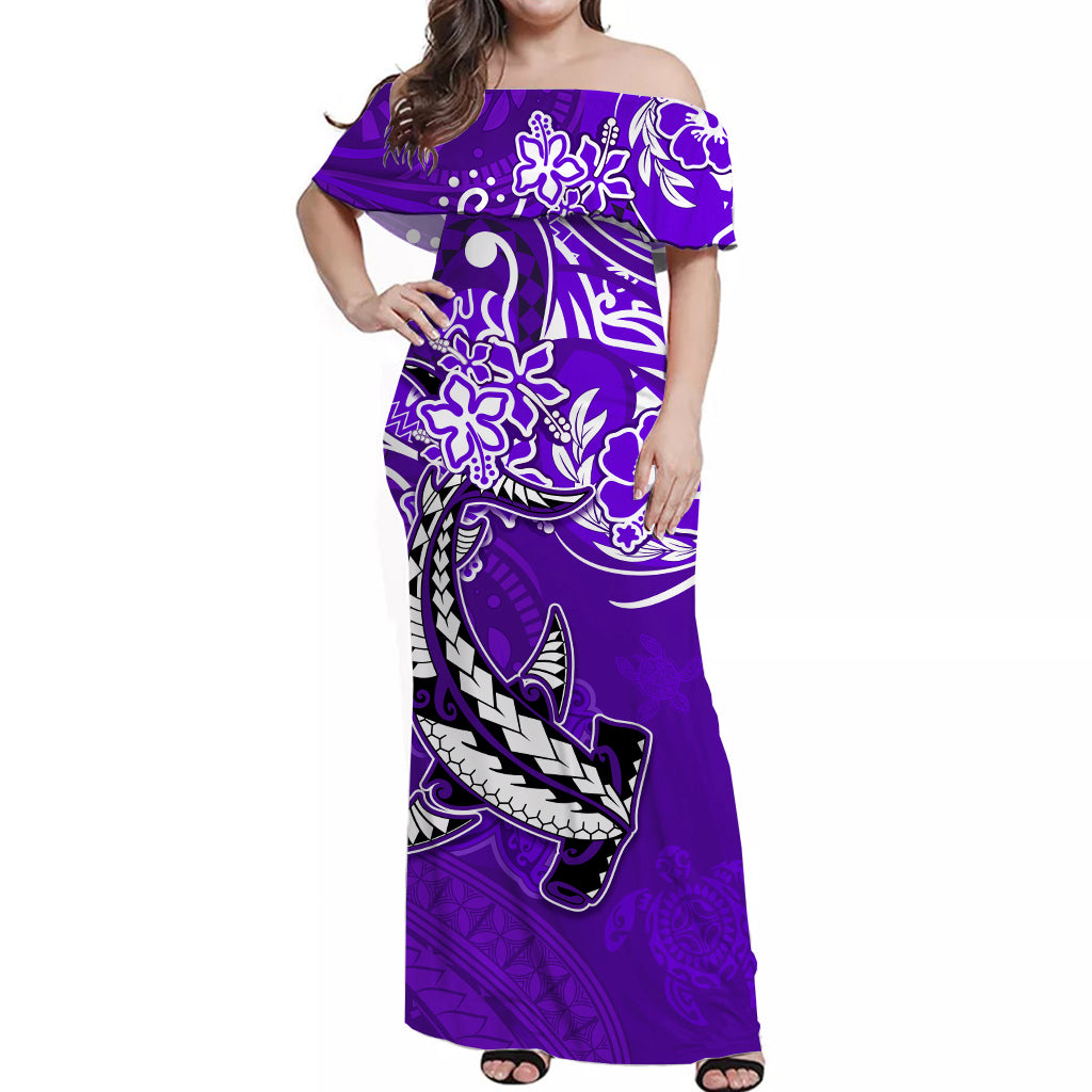 Custom Personalised Hawaii Off Shoulder Long Dress Polynesia Purple Sea Turtle Honu and Hammerhead Shark