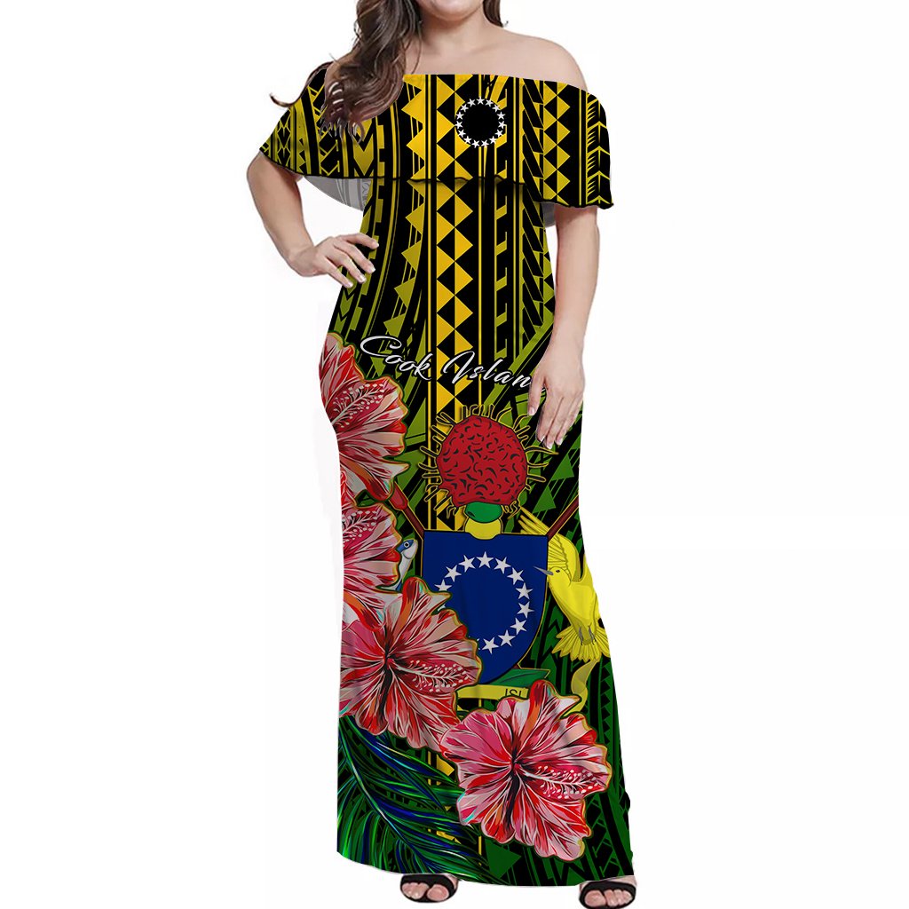 Cook Islands Off Shoulder Long Dress Polynesian Pattern and Hibiscus Flowers