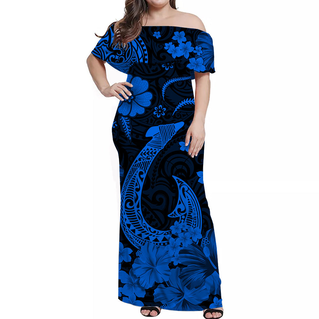 Polynesian Couple Outfits Hawaii Combo Dress and Hawaiian Shirt Polynesia Blue Fish Hook