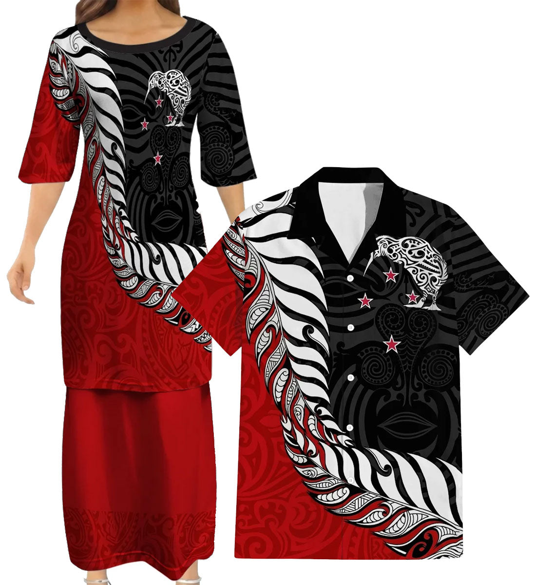 New Zealand Map Matching Outfit For Couple NZ Kiwi Bird Pattern Red Dress And Hawaiian Shirt