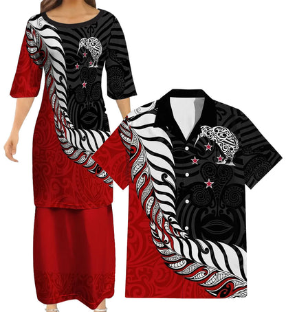 New Zealand Map Matching Outfit For Couple NZ Kiwi Bird Pattern Red Dress And Hawaiian Shirt