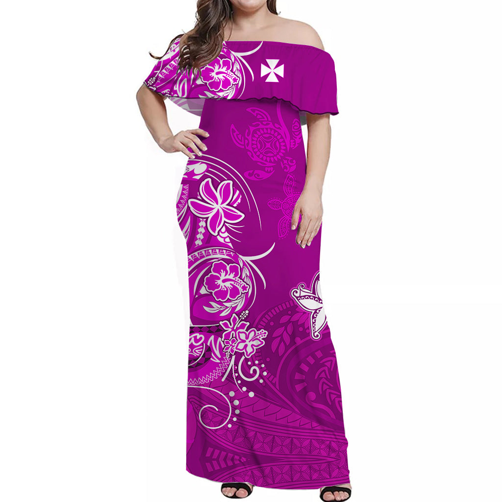 Custom Personalised Wallis et Futuna Off Shoulder Long Dress Polynesia Pink Sea Turtle and Flowers
