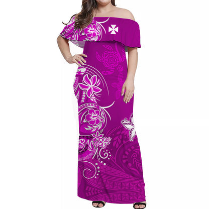 Custom Personalised Wallis et Futuna Off Shoulder Long Dress Polynesia Pink Sea Turtle and Flowers
