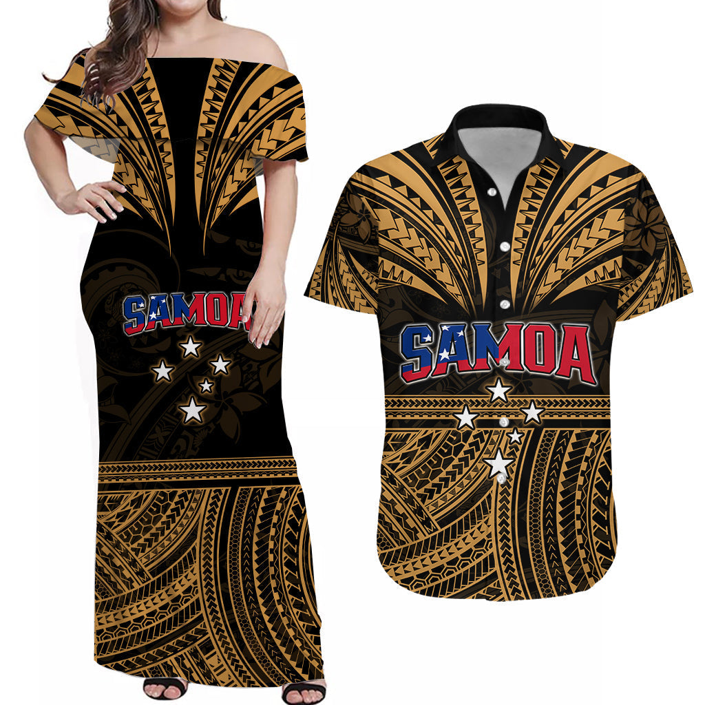 (Custom Personalised) Polynesian Couple Outfits Samoa Tatau Combo Dress and Hawaiian Shirt Gold Polynesian Proud Samoan