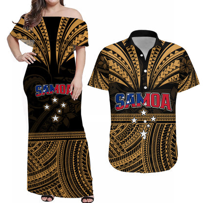(Custom Personalised) Polynesian Couple Outfits Samoa Tatau Combo Dress and Hawaiian Shirt Gold Polynesian Proud Samoan