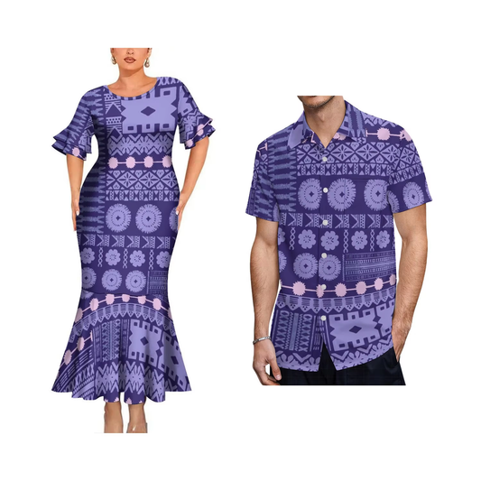 Polynesian Geometric Purple Pattern Couple Matching Outfit Women Crew Neck Mermaid Dress and Shirt
