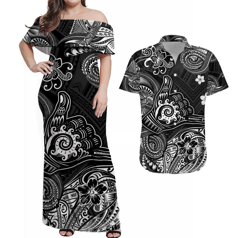 Hawaii Shaka Polynesian Combo Dress and Hawaiian Shirt Matching Couples Outfit Unique Style Black