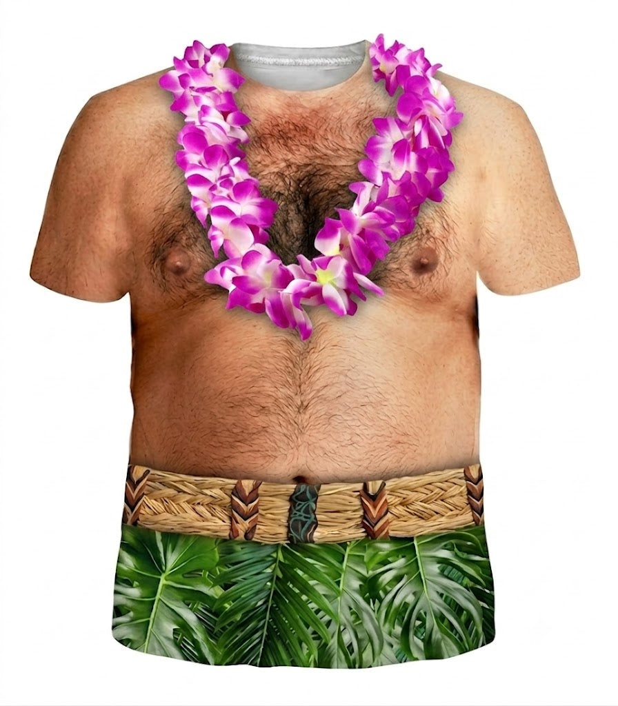 Funny Big Belly Polynesian Shirt Polynesian Flowers Necklace Printed T Shirt