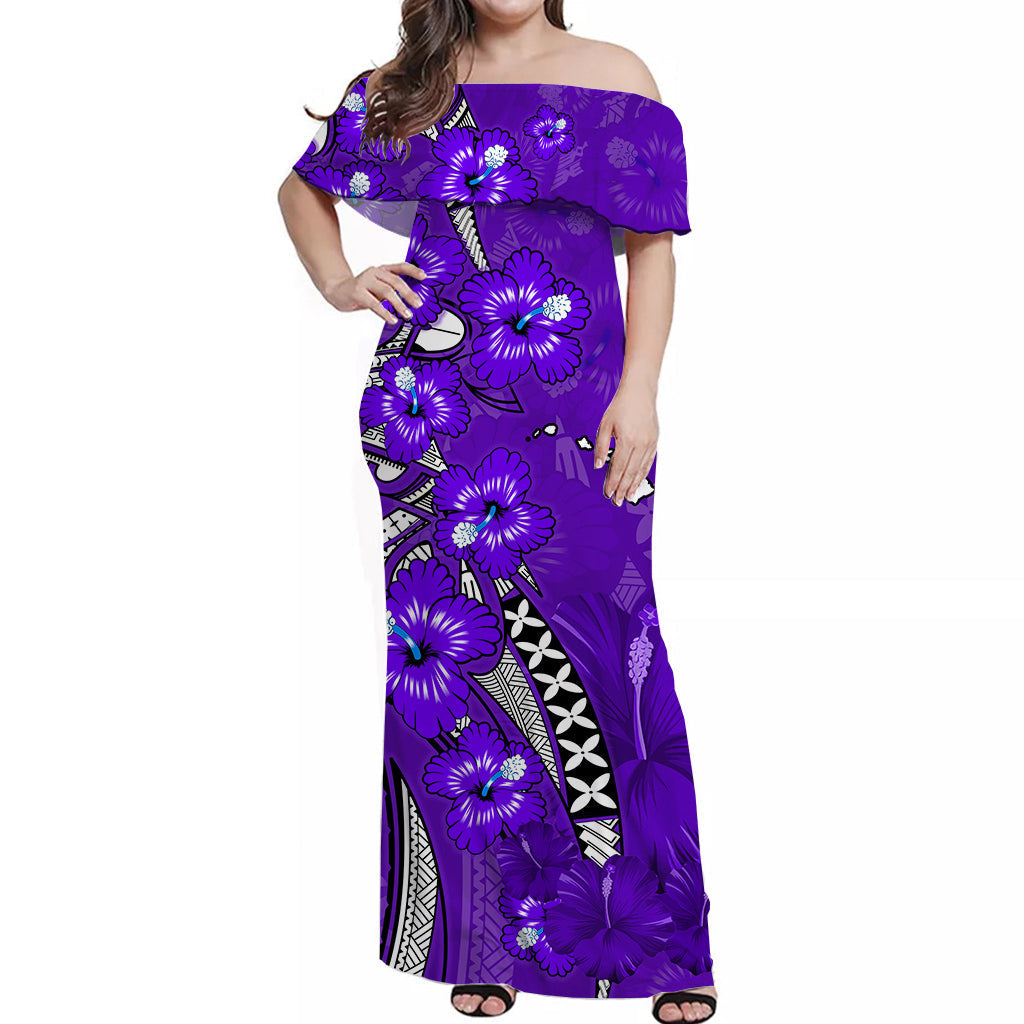 Custom Personalised Hawaii Off Shoulder Long Dress Polynesia Purple Hibiscus and Map Mystical