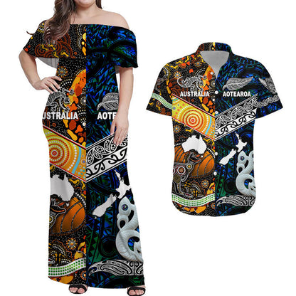 Matching Outfits For Couples New Zealand Maori Aotearoa And Australia Aboriginal Combo Dress And Shirt Together Blue