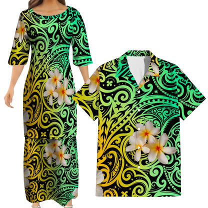 Plumeria Flowers Pattern Yellow Matching Outfit For Couple Island Polynesian Tribal Green Puletasi Dress And Shirt