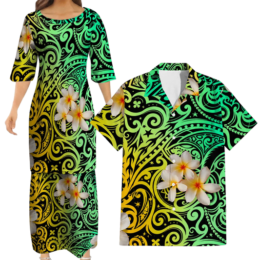 Plumeria Flowers Pattern Yellow Matching Outfit For Couple Island Polynesian Tribal Green Puletasi Dress And Shirt