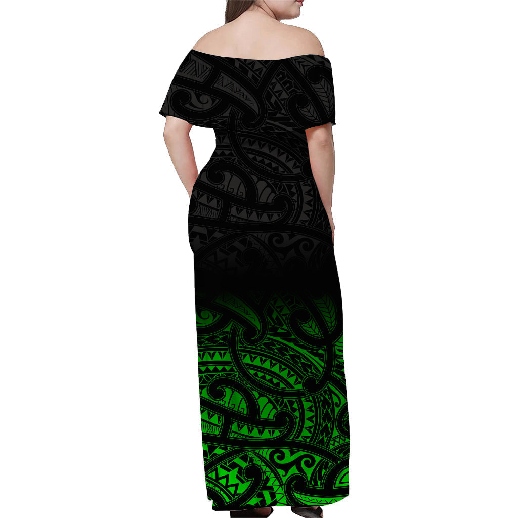 Custom Personalised New Zealand Off Shoulder Long Dress Maori Pattern Green