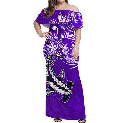 (Custom Personalised) Hawaii Matching Couple Outfits For Vacation Sea Turtle Honu and Hammerhead Shark Dress and Hawaiian Shirt Purple