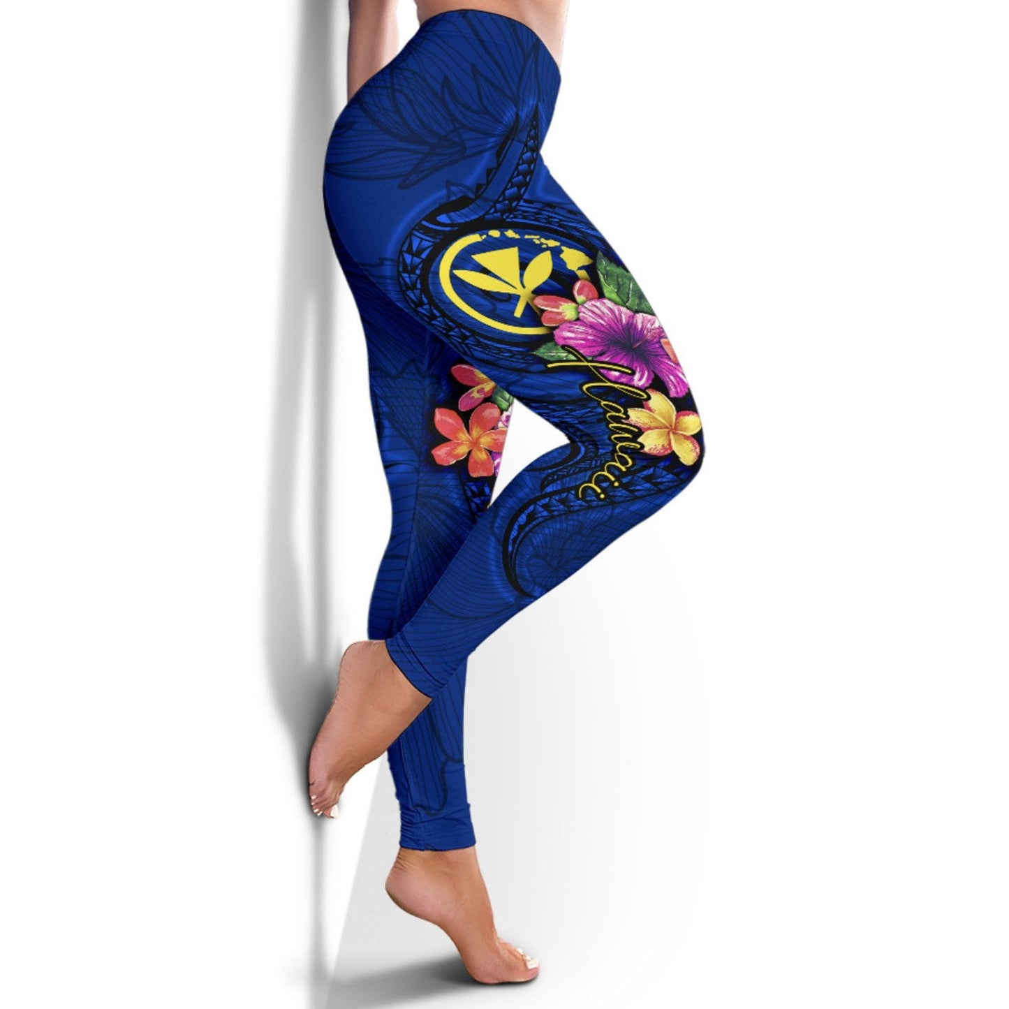 Hawaii Polynesian Women's Leggings - Floral With Seal Blue