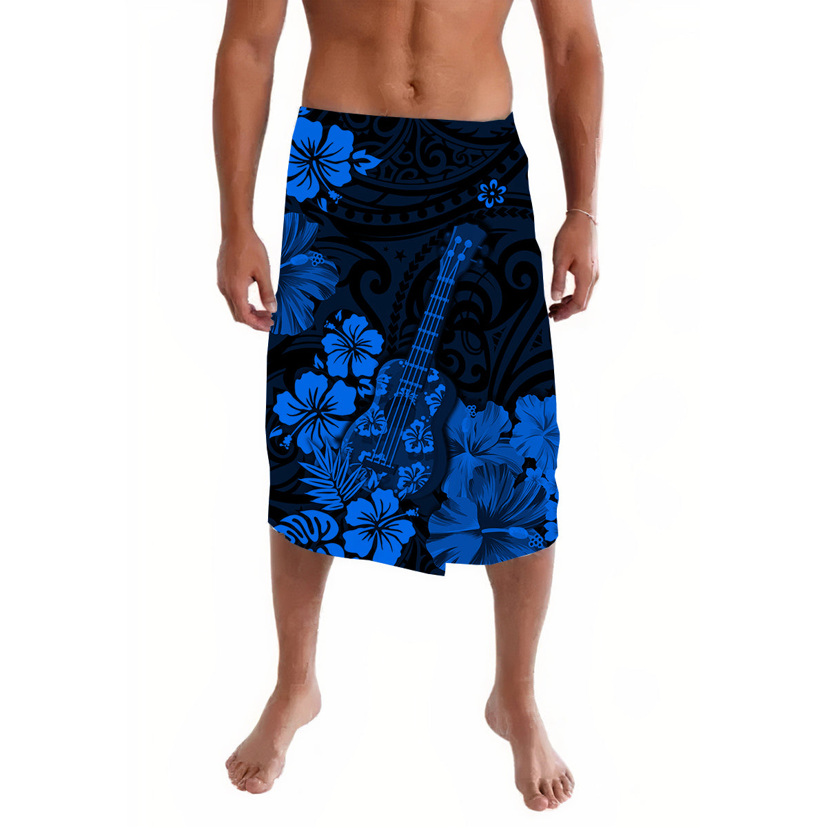 Hawaii Lavalava Polynesia Blue Ukulele Flowers