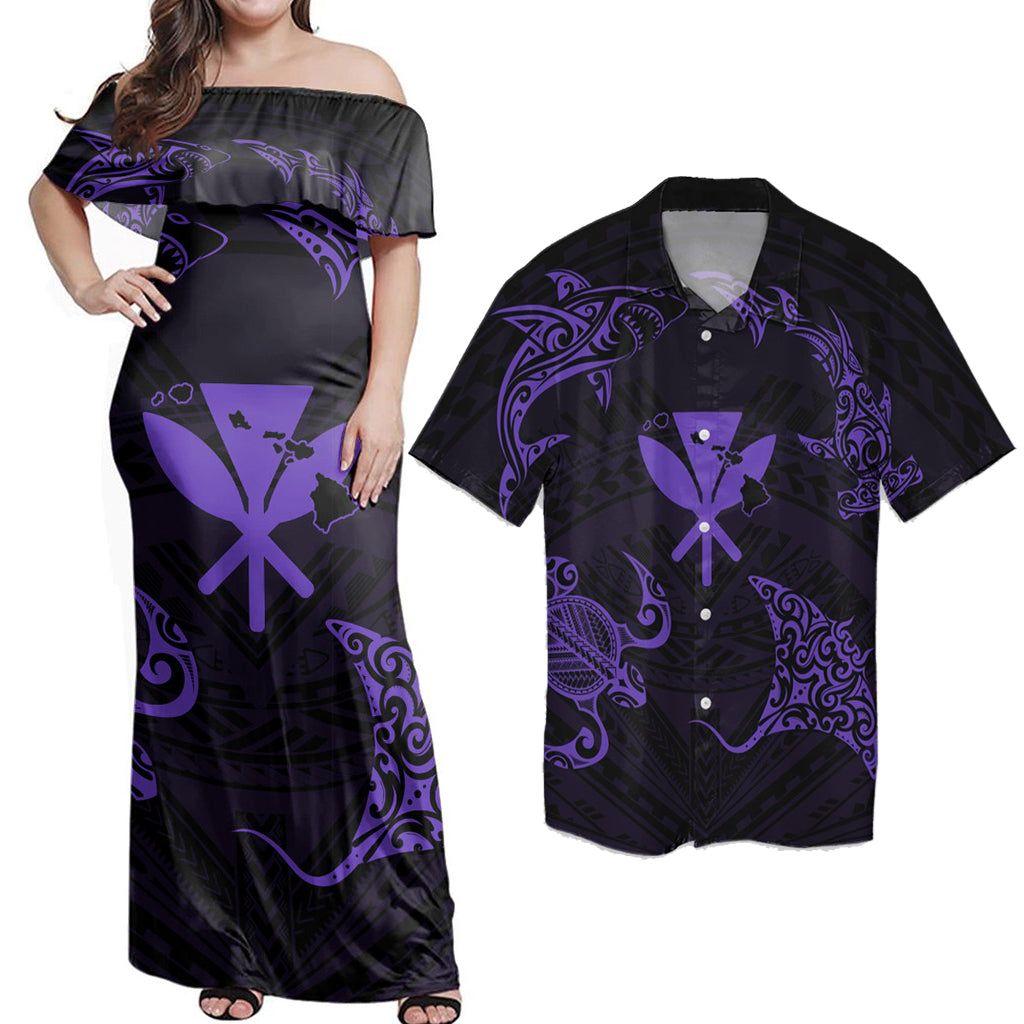 Hawaii Couple Outfits Polynesian Turtle Hammerhead Shark Ray Kanaka Hawaii Circle Purple