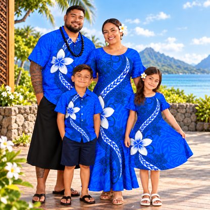 Polynesian Flowers Pattern Blue Matching Outfit For Family Polynesian Tribal Printed Short Sleeve Mermaid Long Dress And Hawaiian Shirt