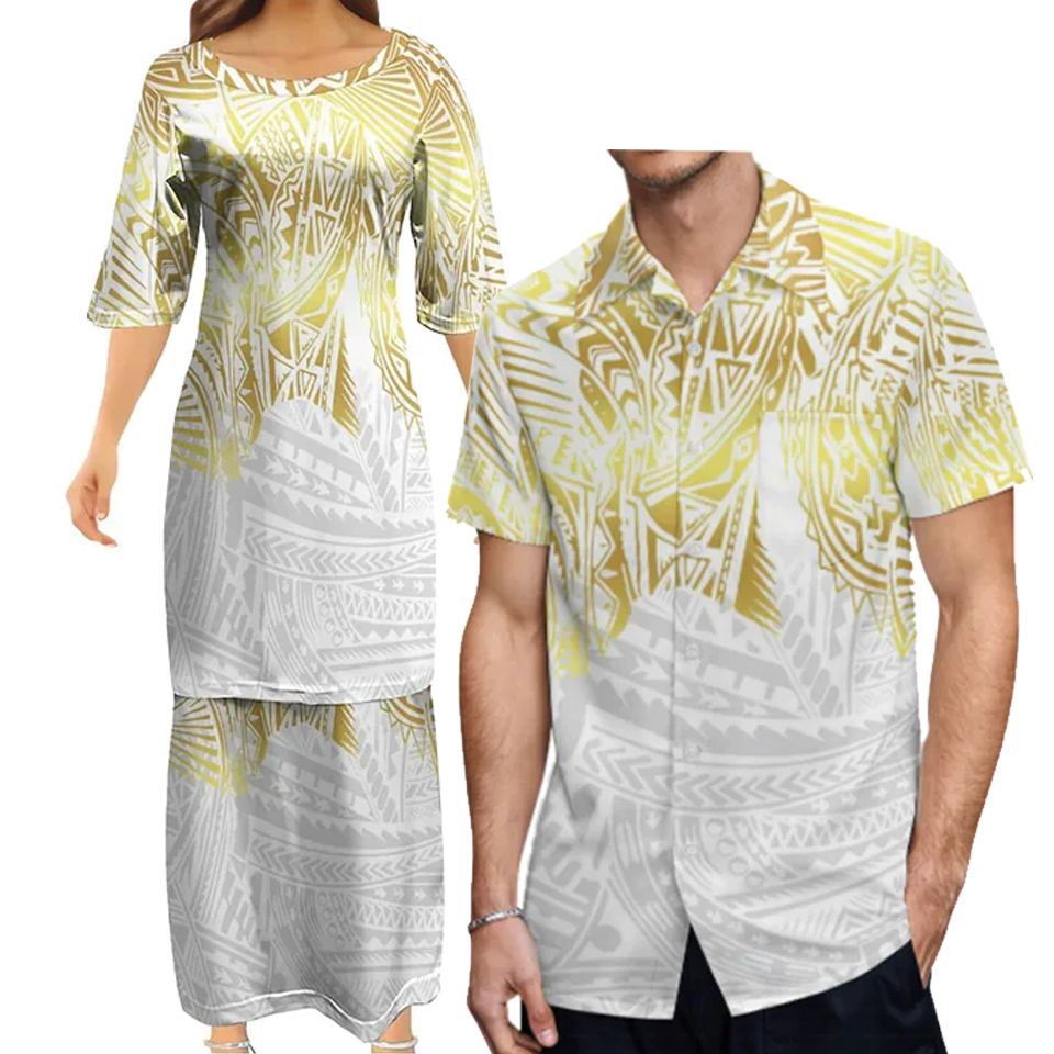 Polynesian Tribe Pattern Print Women'S Clothing Samoa Puletasi And Hawaiian Shirt Couple Set