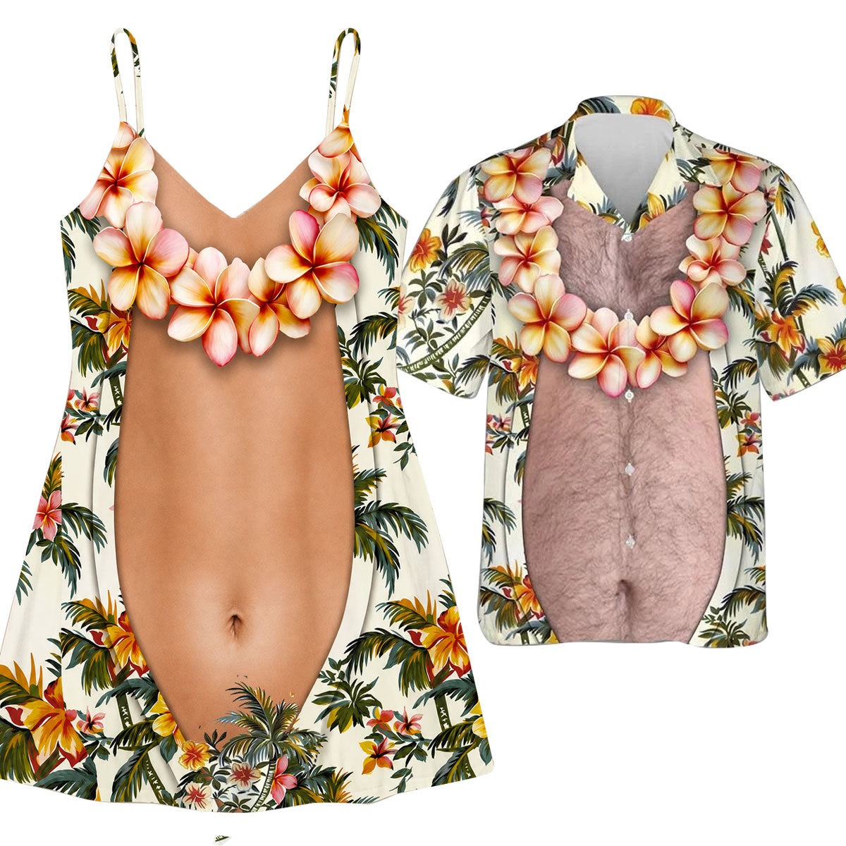 Funny Couple Matching Outfit Polynesian Tropical Flowers Pattern Women Strap Short Swing Dress And Big Belly Shirt