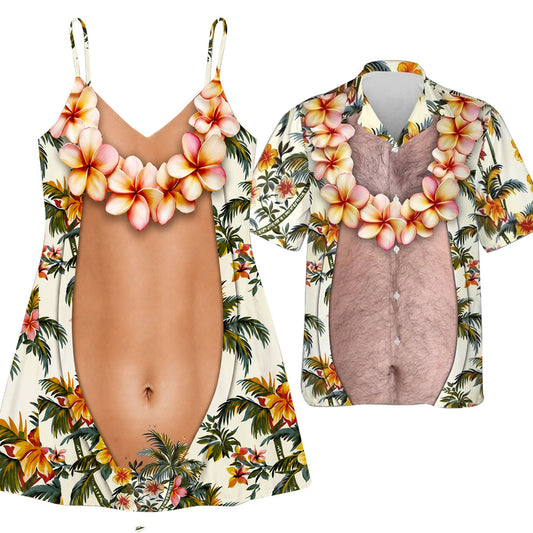Funny Couple Matching Outfit Polynesian Tropical Flowers Pattern Women Strap Short Swing Dress And Big Belly Shirt
