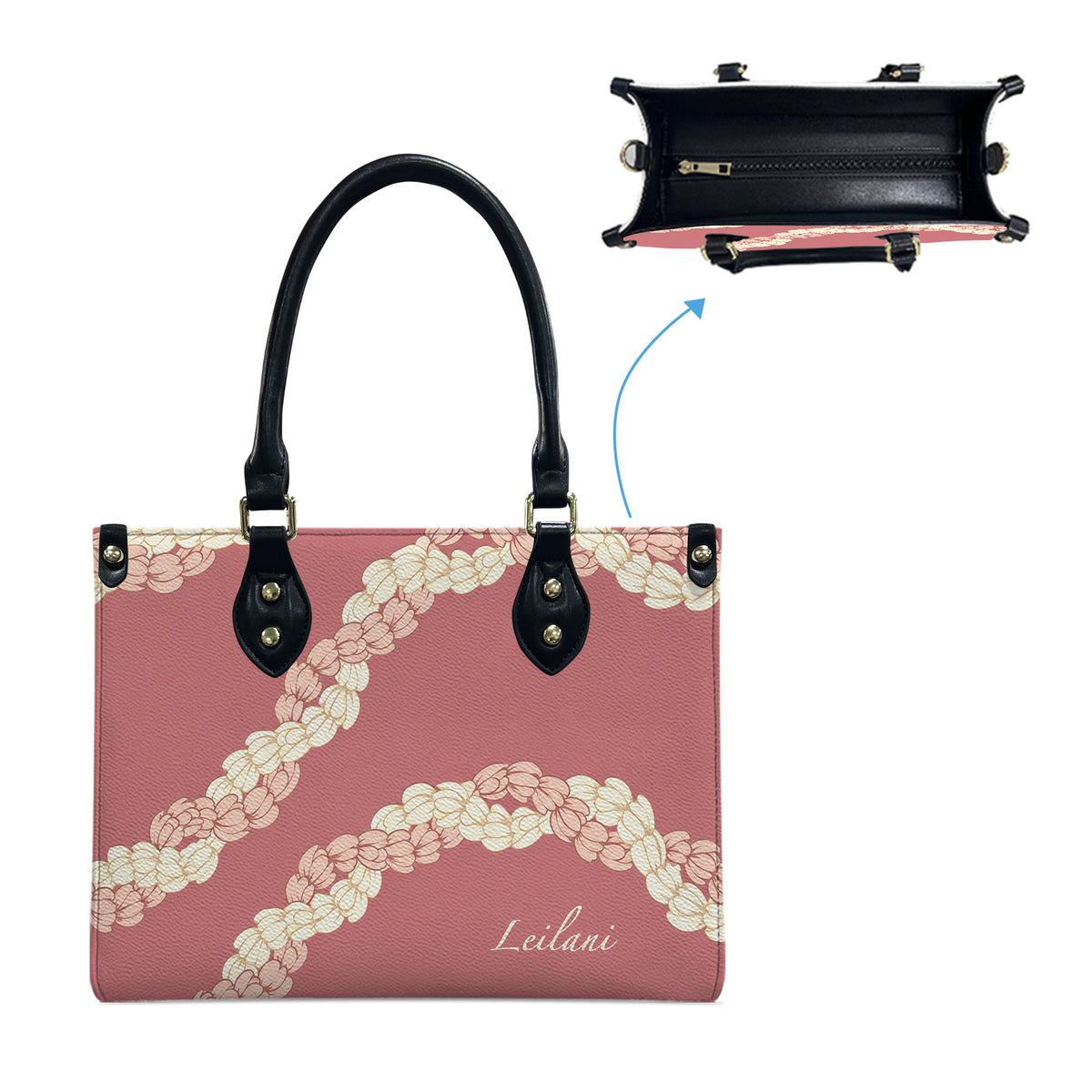 Custom Name Puakenikeni Hawaiian Flower Lei Pink Leather Handbag