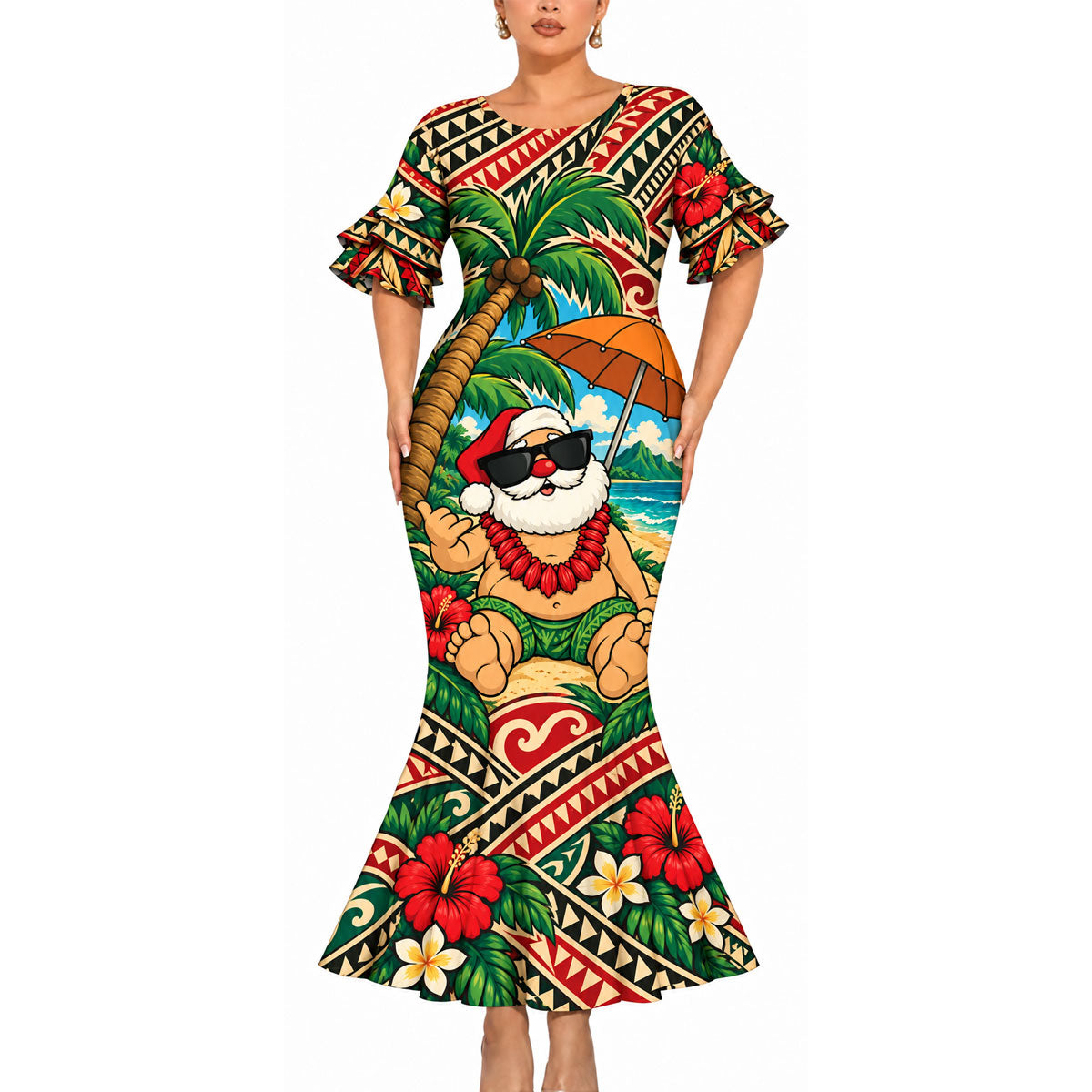 Vintage Funny Santa Couple Set Polynesian Christmas Matching Outfit Short Sleeve Mermaid Long Dress And Shirt