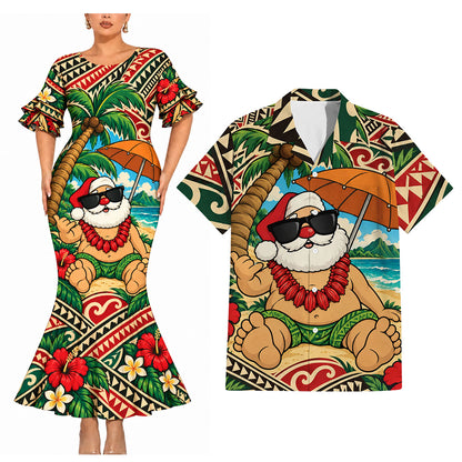 Vintage Funny Santa Couple Set Polynesian Christmas Matching Outfit Short Sleeve Mermaid Long Dress And Shirt