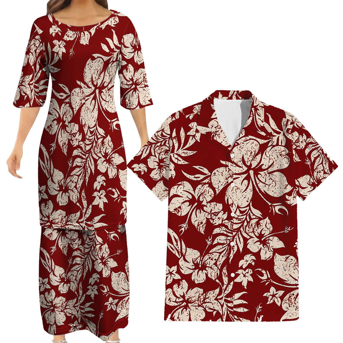 Vintage Polynesian Hibiscus Flowers Tropical Island Red Puletasi Dress And Hawaiian Shirt For Her Him