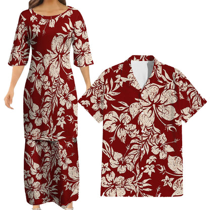 Vintage Polynesian Hibiscus Flowers Tropical Island Red Puletasi Dress And Hawaiian Shirt For Her Him