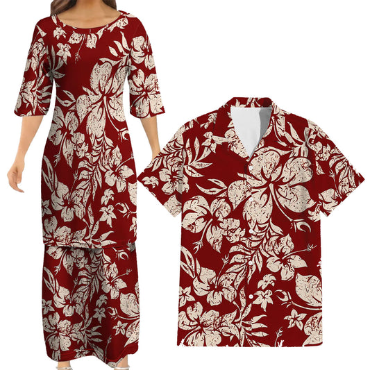Vintage Polynesian Hibiscus Flowers Tropical Island Red Puletasi Dress And Hawaiian Shirt For Her Him