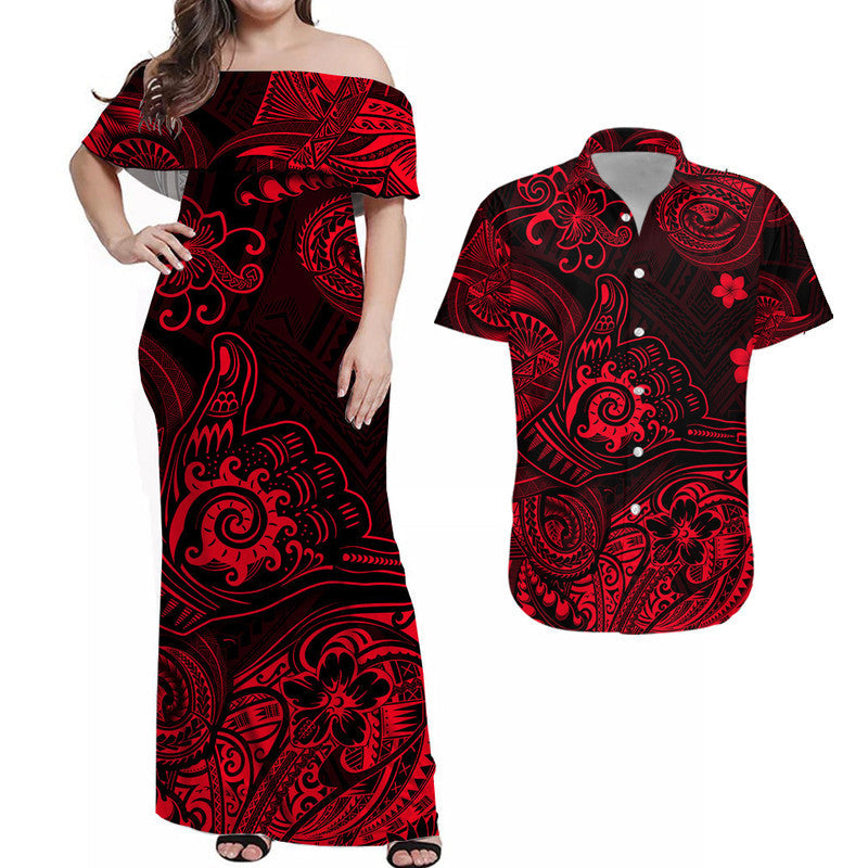 Hawaii Shaka Polynesian Combo Dress and Hawaiian Shirt Matching Couples Outfit Unique Style Red