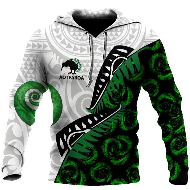 New Zealand Flag Hoodie Silver Fern Kiwi Bird Pattern Zip Up Hoodie All Over Print