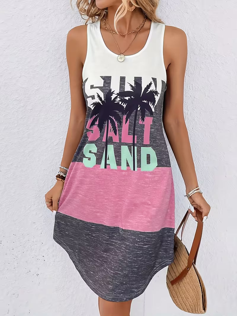 Sun Salt Sand Round Neck High Stretch Dress Tropical Tank Dress Beach Women's Clothing